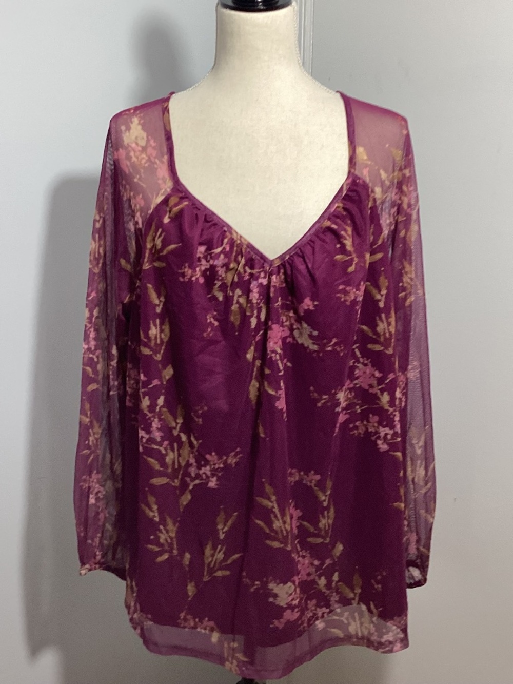 NWT TERRA SKY 1X BURGUNDY FLORAL MESH BLOUSE LINED BOHO PARTY CASUAL